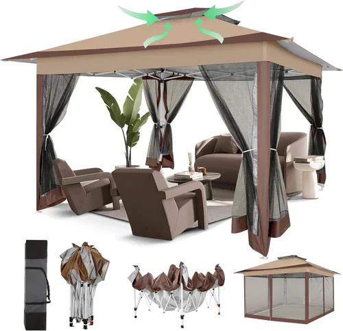 Miniatura 20 de COBIZI - Tienda desplegable de 3,66 x 3,66 metros en oferta - Cenador portátil de metal para exteriores con mosquitero, impermeable - Cenador Caqui