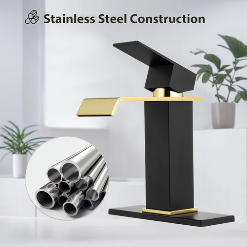 Miniatura 3 de Grifo de lavabo de baño, color negro y dorado, estilo cascada, fabricado en SUS304 de acero inoxidable, maneta única, montaje en cubierta adecuado
