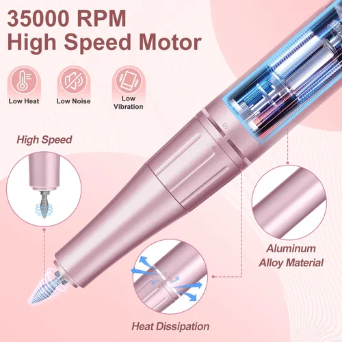 Miniatura 3 de Taladro de uñas eléctrico profesional, 35,000 rpm, taladro de uñas portátil Efile con 11 brocas de uñas, máquina de taladro de uñas recargable