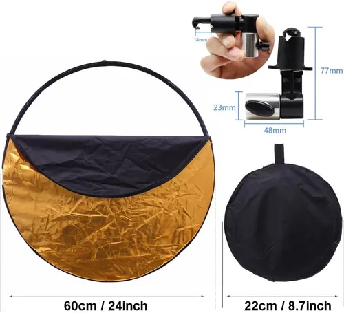 Miniatura 5 de Reflector de luz para fotografía con clip 24 pulgadas 5 en 1 portátil 23.6 in redondo plegable multi disco fotografía estudio foto cámara