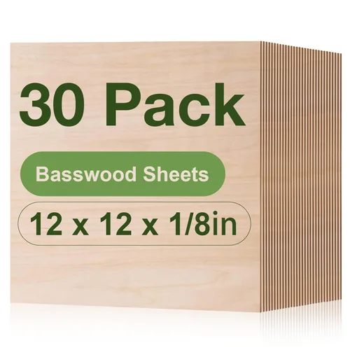 Miniatura 20 de Paquete de 12 hojas de tilo Rowood, 12x12x1/8pulgadas, tilo de 3mm para corte láser, kits de manualidades para adultos, tablero de madera