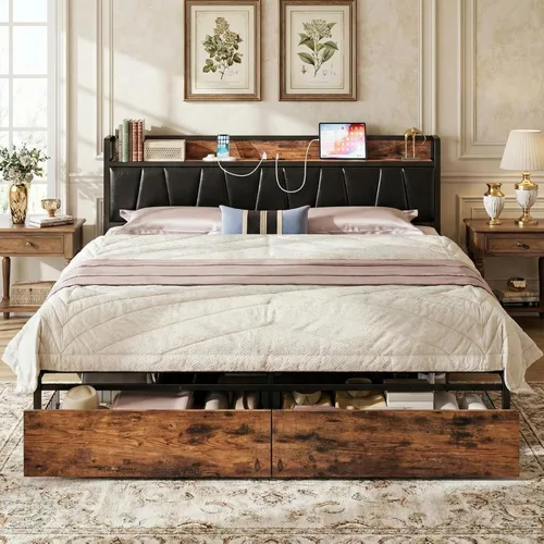Miniatura 13 de LIKIMIO Base de cama tamaño King, cabecera de almacenamiento con estación de carga, cama de plataforma con cajones, no necesita somier, fácil Marrón