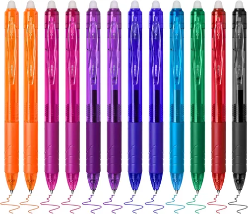 Temiary 12 bolígrafos de gel borrables multicolor, fáciles de borrar, sin manchas, punta fina, colorido, escritura suave para tomar notas, tinta de