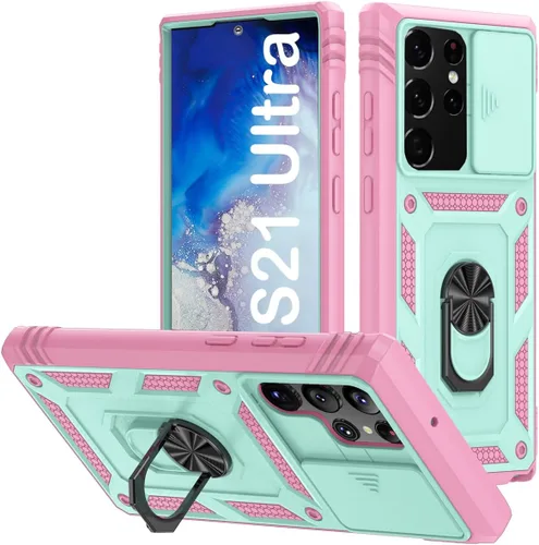 Miniatura 69 de PASNEW Funda para Samsung Galaxy S22 Ultra 5G, cubierta de cámara deslizante y soporte de dedo de metal giratorio de 360°, militar, resistente, a