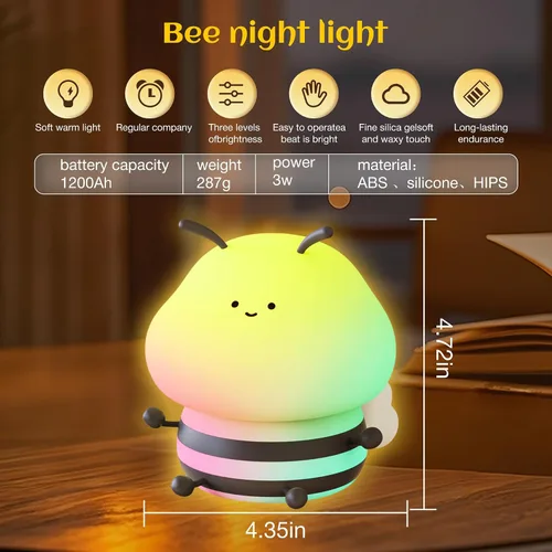 Miniatura 7 de Luz nocturna de abeja para niños, lámpara blanda, luz nocturna de animales, 3 niveles de brillo, lámpara para niños que cambia de color, lámparas