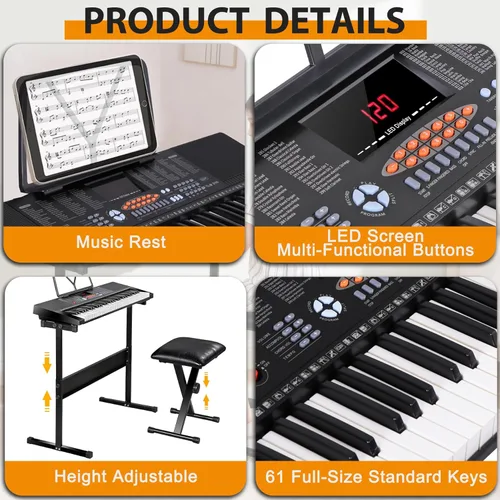 Miniatura 6 de ZENY Piano de teclado eléctrico portátil de 61 teclas con altavoces integrados, pantalla LED, auriculares, micrófono, soporte para piano, soporte