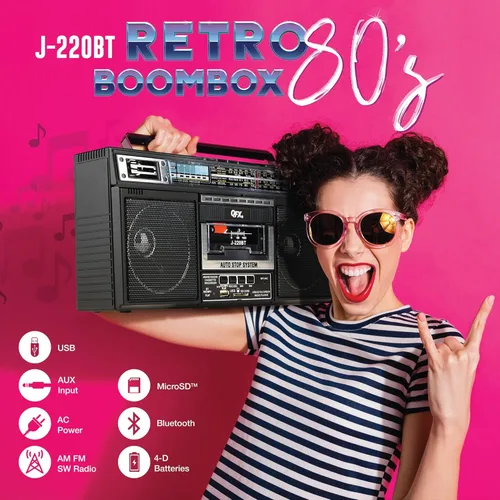 Miniatura 2 de QFX J-220BT Boombox MP3 Conversión de radio a casete con radio de 4 bandas (AM, FM, SW1, SW2) con Bluetooth, batería recargable, altavoces duales