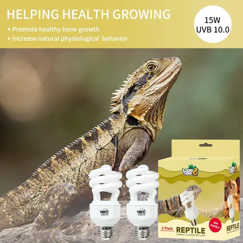Miniatura 6 de LUCKY HERP Paquete de 2 luces UVA UVB para reptiles, 15 W 10.0 UVB para reptiles del desierto, lámpara fluorescente compacta de terrario, bombilla