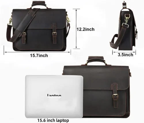 Miniatura 4 de Bolsa de mensajero de cuero para hombres 17.3 pulgadas maletín para computadora portátil de grano completo de cuero de grano completo bolsa de viaje