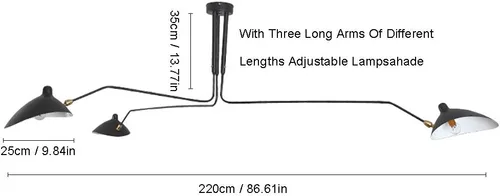 Miniatura 7 de Candelabro moderno de mediados de siglo negro con brazo oscilante y pantalla ajustable, candelabro de 3 brazos negro, lámparas colgantes grandes