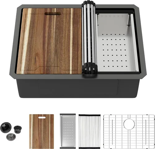 Miniatura 40 de Kichae fregadero de cocina bajo encimera de 32 pulgadas, de un solo tazón, de acero inoxidable, calibre 16, de esquina redonda, hecho a mano