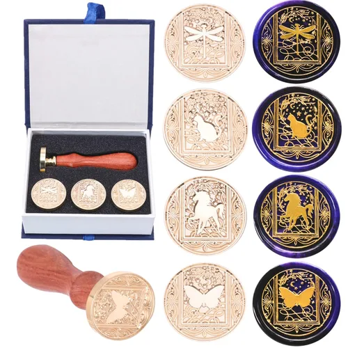 Miniatura 9 de SWANGSA - Juego de sellos de cera, estilo clásico, 4 cabezas de sello de cera y 1 mango de madera para invitaciones de fiesta de boda, cartas