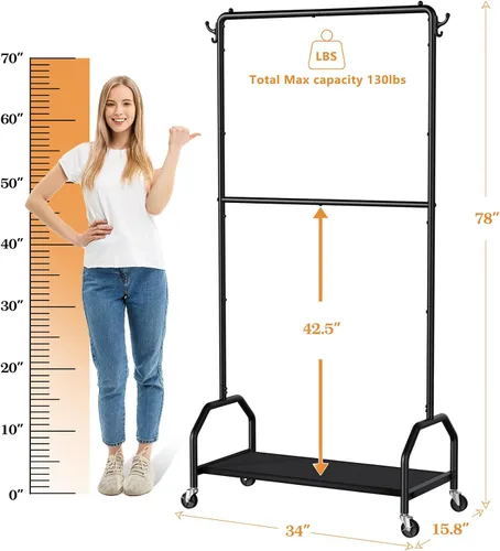 Miniatura 2 de Wiracks Perchero doble para colgar ropa, perchero para ropa, 130 libras, capacidad 34.5 pulgadas de ancho x 15.8 pulgadas de profundidad x 79