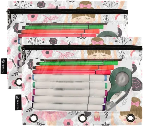 Miniatura 2 de Linda bolsa de lápices de bailarina para carpeta de 3 anillos, 2 bolsas para lápices con cremallera, estuche transparente con cremallera para Ballet