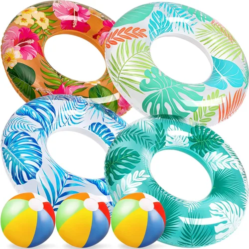 90shine 7 piezas de flotadores de piscina Luau: anillos de natación hawaianos con bolas de playa de 13.5" - tubos inflables flotadores juguetes para