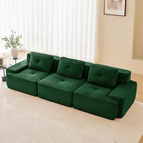 Sofá Moderno Comprimido Sin Estructura de 117", Sofás Seccionales de 3 Plazas para Sala de Estar, Sofá Seccional Modular de Pana Verde Nube, Espuma