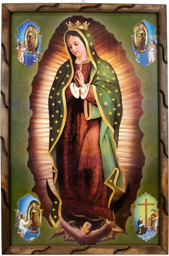 Miniatura 2 de Mrcjsales: imagen de Nuestra Señora de Guadalupe con imágenes en la esquina en marco rústico, pintura al óleo, 24 x 36 pulgadas, 13 x 18 pulgadas