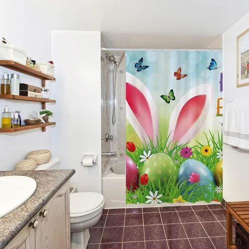 Miniatura 5 de Allenjoy Cortina de ducha de Pascua de 72 x 72 pulgadas, diseño de orejas de conejo divertidas de dibujos animados, jardín de primavera, huevos