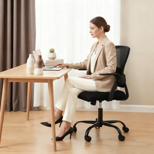 Miniatura 2 de DUMOS Silla de Oficina para Hogar y Computadora - Ergonómica con Respaldo Medio y Soporte Lumbar y Modo de Balanceo, Altura Ajustable con Brazo