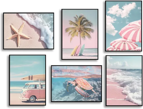 6 piezas de arte de pared de playa de verano fresco rosa tropical océano impresión de sillas de playa estrellas de mar tabla de surf palmera
