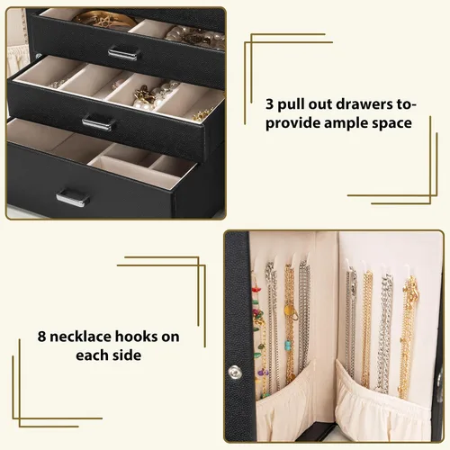 Miniatura 5 de AKOZLIN Joyero de 4 niveles con cerradura de cuero con 3 cajones para mujeres y niñas, anillo collar, aretes, pulsera, relojes, soporte con espejo