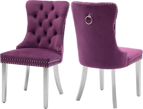Miniatura 44 de Juego de 2 sillas de comedor, sillas de comedor tapizadas con tirador de anillo trasero, ribete de cabeza de clavo y patas de acero inoxidable Gris