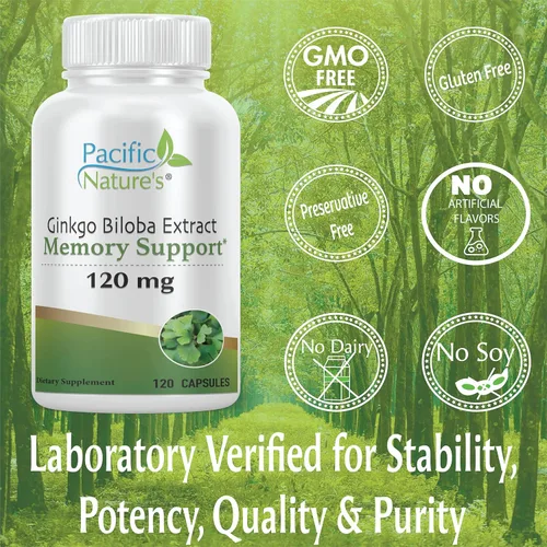 Miniatura 5 de Pacific Nature's Ginkgo Biloba 120 mg (120 cápsulas) para soporte de memoria, enfoque y función cerebral saludable, sin OMG, sin gluten, vegetariano