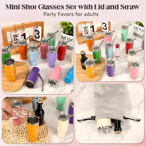 Miniatura 6 de Lindo juego de vasos de chupito con popote de 2 onzas, mini vaso de chupito con tapa y pajita, vasos aislados Kawaii para expreso, bebidas