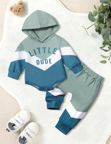 Miniatura 8 de Ropa para bebé niño, bloque de color, sudadera con capucha de gran tamaño, mameluco, pantalones largos, conjunto de trajes de otoño e invierno