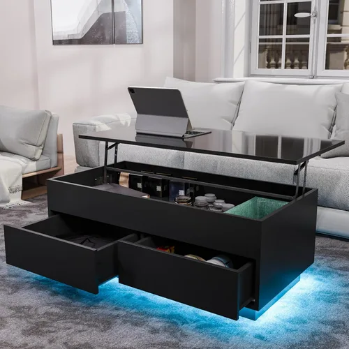 Miniatura 7 de HOMMPA Mesa de centro elevable de 40 pulgadas, mesas de centro negras con almacenamiento para sala de estar, mesa de centro moderna LED, mesa