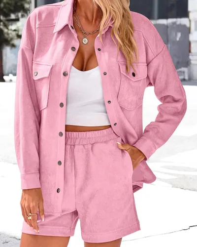 Miniatura 4 de KIRUNDO Conjunto casual de dos piezas para mujer, de manga larga, chaqueta y pantalones cortos