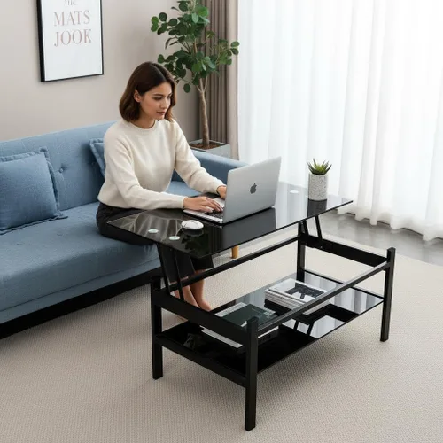 Miniatura 3 de Mesa de centro negra elevable, moderna mesa central pequeña de vidrio templado de 2 capas con almacenamiento, mesa auxiliar ajustable de 37.8