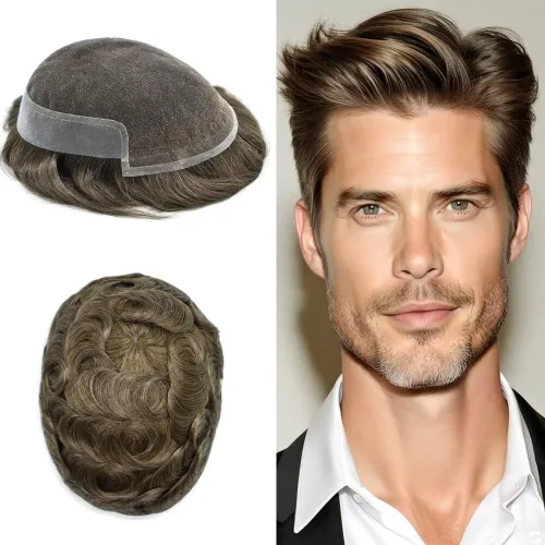 Miniatura 53 de FACE MIRACLE - Tupé frontal de encaje francés para hombres, sistema de reemplazo de cabello humano de encaje con pieza de pelo de poliuretano
