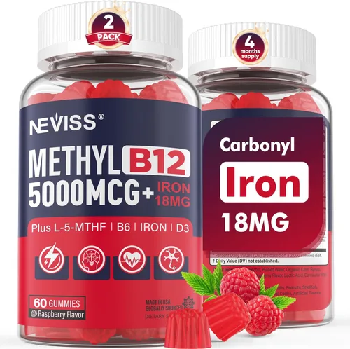Gomitas B12 metiladas 5000mcg/10000mcg y L-metilfolato 400mcg + hierro 18mg, B6, D3 para mujeres y hombres, vitamina metil B12 con folato para