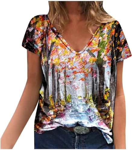 ZZWXWA Shirts for Women Trendy Short Sleeve Tunic Blouse Floral Printed Pullover T-Shirt Crew-Neck Loose Tops Summer T-Shirt