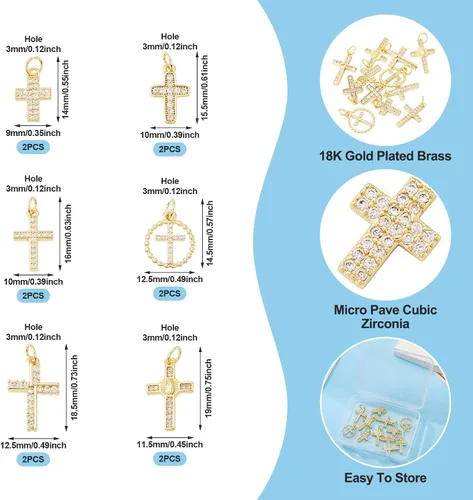 Miniatura 6 de Pandahall - 12 dijes de cruz chapados en oro de 18 quilates, circonita cúbica, colgantes pequeños religiosos con anillos de salto para hacer joyas