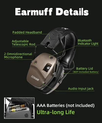 Miniatura 6 de ZOHAN 035 Orejeras de tiro con Bluetooth 5.4, protección auditiva con cancelación activa de ruido y amplificación de sonido, NRR 22dB para campo