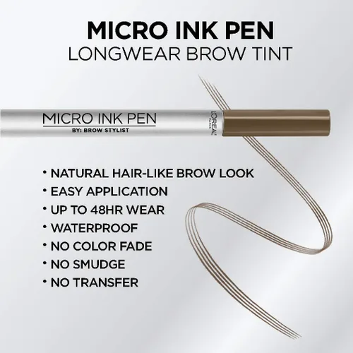 Miniatura 3 de L'Oreal Paris Micro Ink Pen de Brow Stylist, tinte de cejas de larga duración, efecto similar al cabello, hasta 48 horas de uso, punta de peine