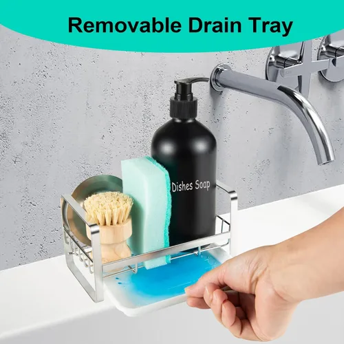 Miniatura 3 de TEZZ Soporte para esponjas de cocina, organizador de fregadero de acero inoxidable para guardar esponjas, cepillos y dispensador de jabón para Plata