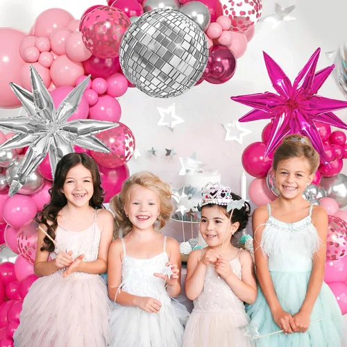 Miniatura 4 de Kit de arco de guirnalda de globos de princesa rosa y plateado, 143 unidades, confeti rosa intenso, estrella 4D, bola de discoteca, globos de corona