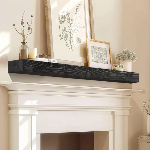 Miniatura 45 de Repisa de chimenea de 48 pulgadas, madera maciza rústica hecha a mano de 3 pulgadas de grosor, estante flotante largo de pared con soporte de metal