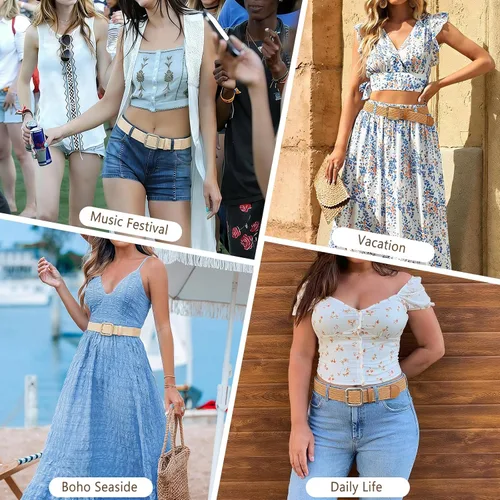 Miniatura 6 de XZQTIVE Cinturón de paja elástico tejido para mujer, cinturón de rafia trenzado bohemio para vestidos de verano, vacaciones en la playa