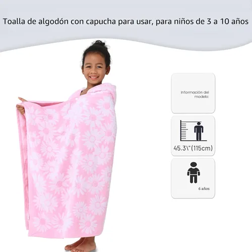 Miniatura 3 de Toallas de baño con capucha para niños (3-10 años), toallas de piscina gruesas de algodón turco suaves y absorbentes, con capucha para niños rosa