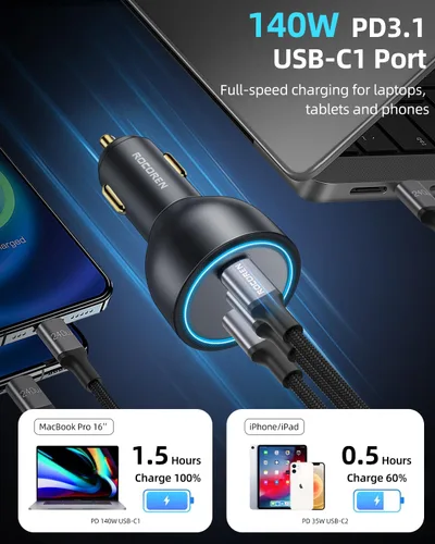 Miniatura 2 de Cargador de coche de 165 W para portátiles, PD3.1 140W/PD3.0 100 W USB C cargador de coche, cargador USB de carga súper rápida con cable de 240 W