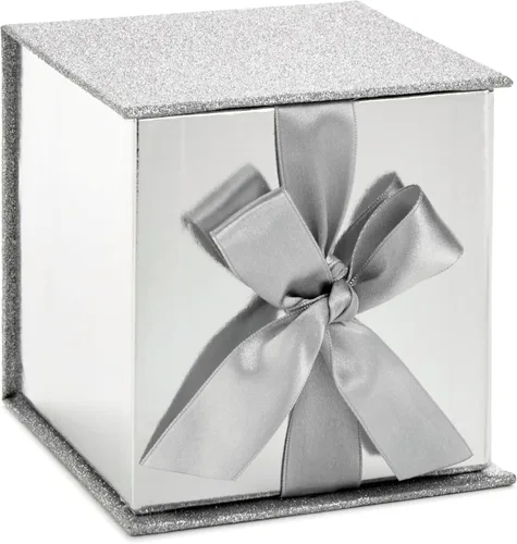 Hallmark Caja de regalo pequeña con lazo y relleno de papel triturado (caja de regalo Silver Signature de 4 pulgadas con purpurina) para bodas,