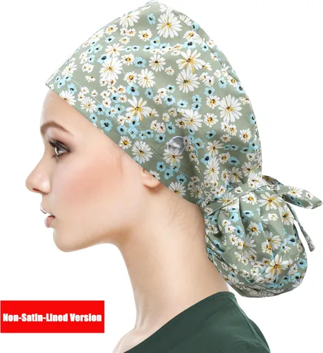 Miniatura 2 de QBA Gorra de trabajo ajustable con botón, gorro forrado de satén, gorro de trabajo de algodón, banda elástica para atar en la espalda, unisex Pt