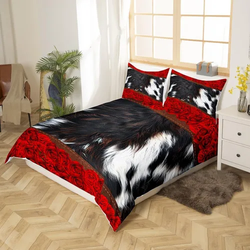 Miniatura 2 de Manfei Juego de funda de edredón de piel de vaca, tamaño individual, juego de ropa de cama de flores de rosa roja, 2 piezas para niños y niñas