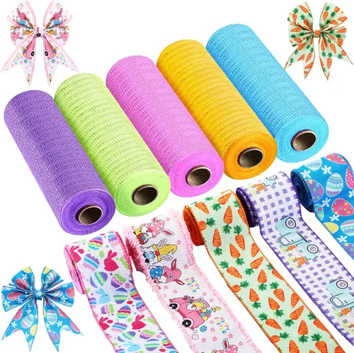 Miniatura 9 de Woanger 10 Rollos de Cinta con Borde de Alambre a Rayas de Sandía y Cinta de Malla para Envoltorio de Regalos DIY de Verano, Manualidades, Corona