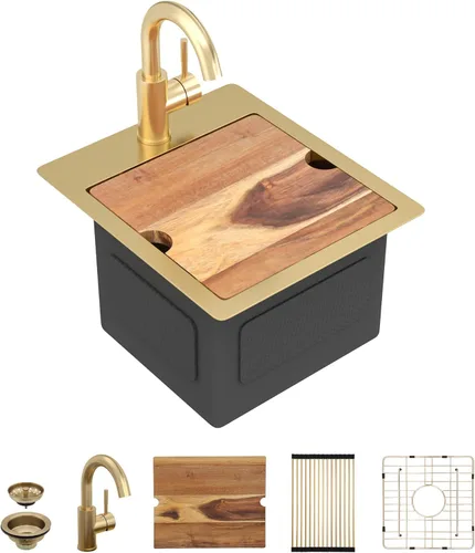 Miniatura 15 de 13"x15" Fregadero de barra de montaje en encimera para preparación – Negro metalizado NANO-PVD, acero inoxidable 304 calibre 16, tazón individual