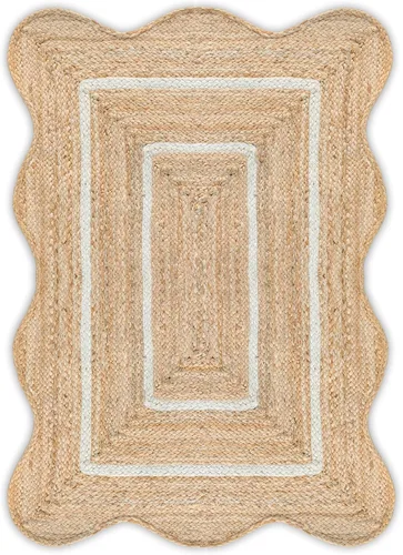 Miniatura 22 de Alfombra de Yute Natural Ondulada Festoneada - Corredor de Entrada Boho, Festón de Granja, Azul Cielo (2'x3')